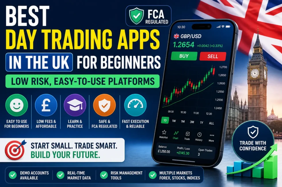 UK trading platforms 2026 showing best day trading apps for beginners with FCA regulated mobile app and stock charts