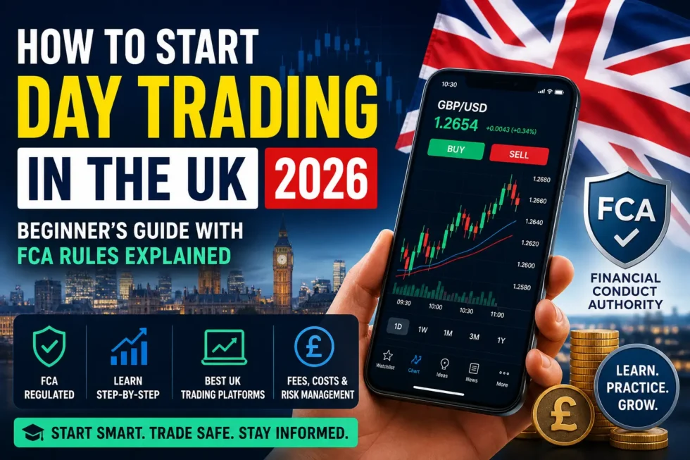 UK trading platforms 2026 guide with FCA app, trading charts and London skyline