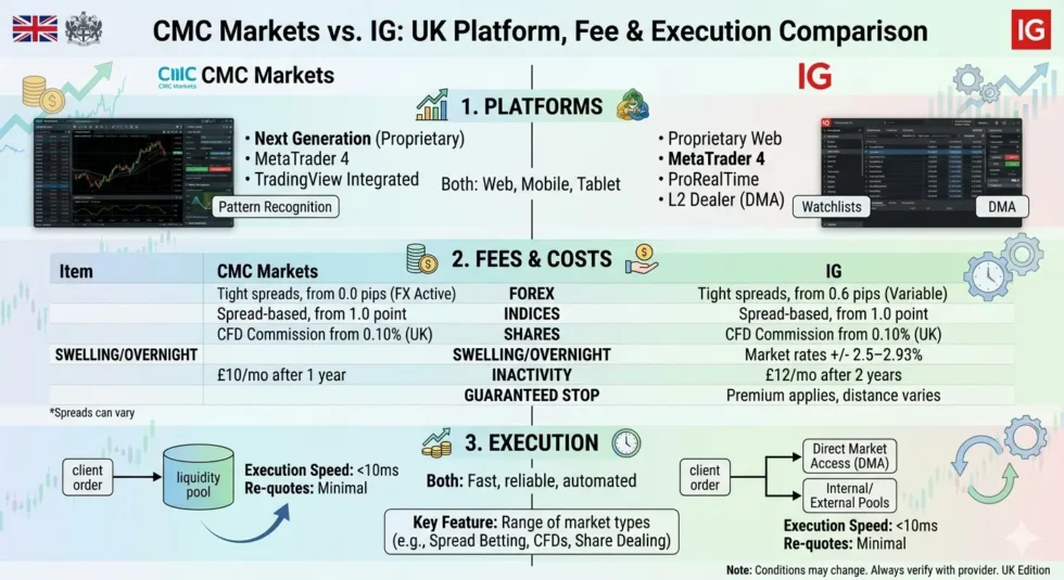 CMC Markets vs. IG: UK Platform, Fee, and Execution Comparison Infographic