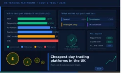 Bar chart comparing all-in trading costs across six FCA-regulated UK platforms, with FCA shield, pound coins, and cost breakdown panels.