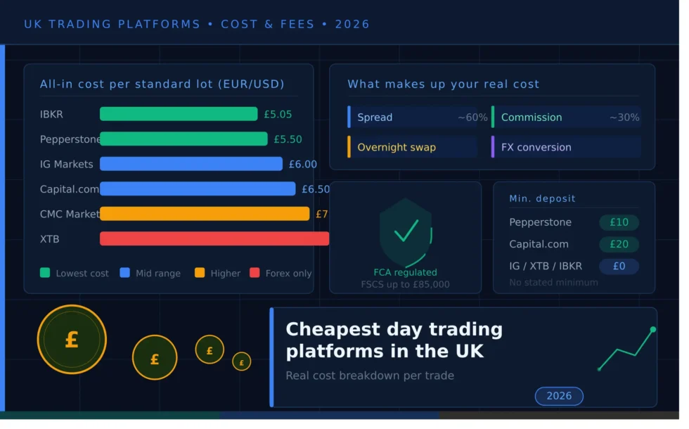 Bar chart comparing all-in trading costs across six FCA-regulated UK platforms, with FCA shield, pound coins, and cost breakdown panels.