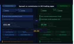 A comparative infographic or chart illustrating the difference between bid-ask spreads and flat commission fees within UK-based stock and forex trading applications.