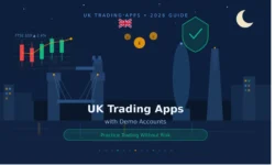 London skyline at night with candlestick chart and shield icon representing risk-free UK demo trading apps.