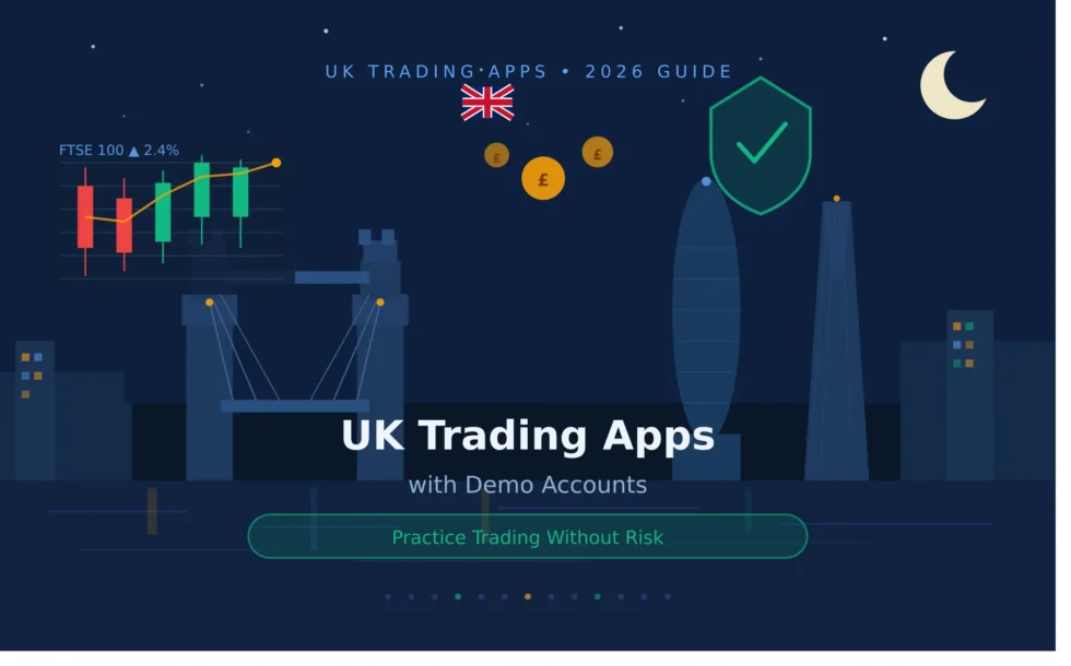 London skyline at night with candlestick chart and shield icon representing risk-free UK demo trading apps.
