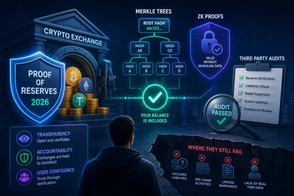 Merkle tree diagram, zk-proof shield, and audit checklist comparing exchange solvency methods with failure points highlighted.