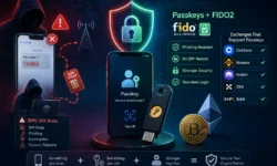SMS with "SIM Swap" warning vs. FIDO2 passkey shield, with logos of exchanges that support it.