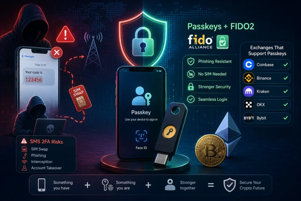 SMS with "SIM Swap" warning vs. FIDO2 passkey shield, with logos of exchanges that support it.