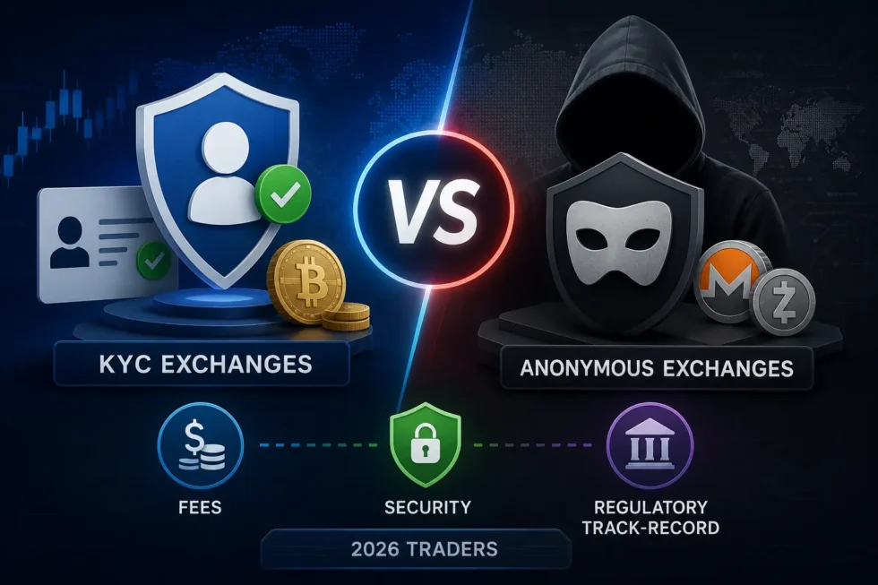 regulated KYC exchange with ID verification vs. anonymous DEX with privacy mask, comparing fees, security, and regulatory actions.