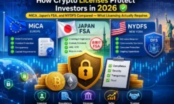 Comparison chart: EU MiCA passport, Japan FSA 95% cold storage rule, and NYDFS BitLicense anti-fraud standards—2026 investor protection requirements.