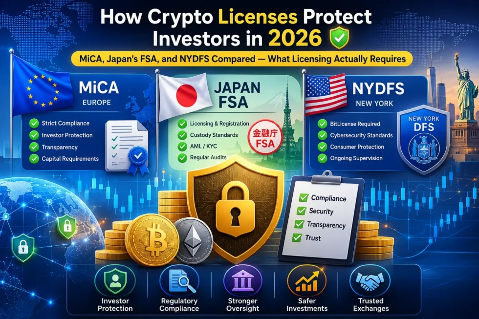 Comparison chart: EU MiCA passport, Japan FSA 95% cold storage rule, and NYDFS BitLicense anti-fraud standards—2026 investor protection requirements.