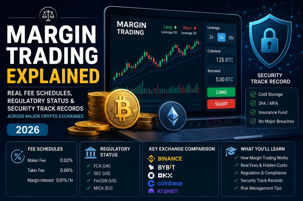 Comparison chart of Binance, Kraken, Bybit, OKX, and KuCoin margin trading fees, leverage limits, security models, and regulatory status for 2026.