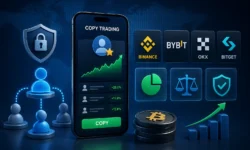 Comparison chart of Binance, Bybit, OKX, and Bitget copy trading: profit-share rates, minimum deposits, regulation, and security records for 2026.