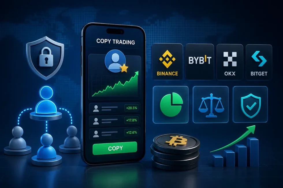 Comparison chart of Binance, Bybit, OKX, and Bitget copy trading: profit-share rates, minimum deposits, regulation, and security records for 2026.