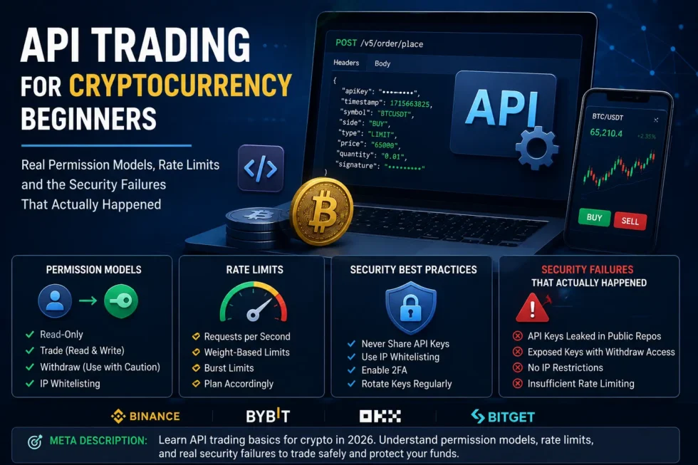 Infographic showing API key permission tiers, rate limit warnings, and real security breaches—MEXC Chrome extension hack and SwissBorg $41.5M API exploit.