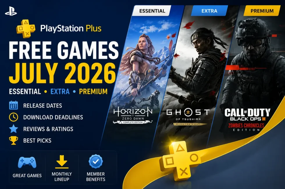 PlayStation Plus July 2026 game lineup: Essential (3 games), Extra (8 games), Premium (6 classics) with release dates and download deadlines.