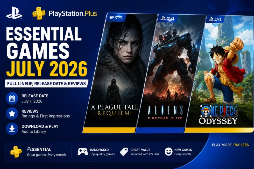 PS Plus Essential July 2026 game lineup: Call of Duty Modern Warfare III, For The King II, and CrossCode covers with release date July 7 and review scores.