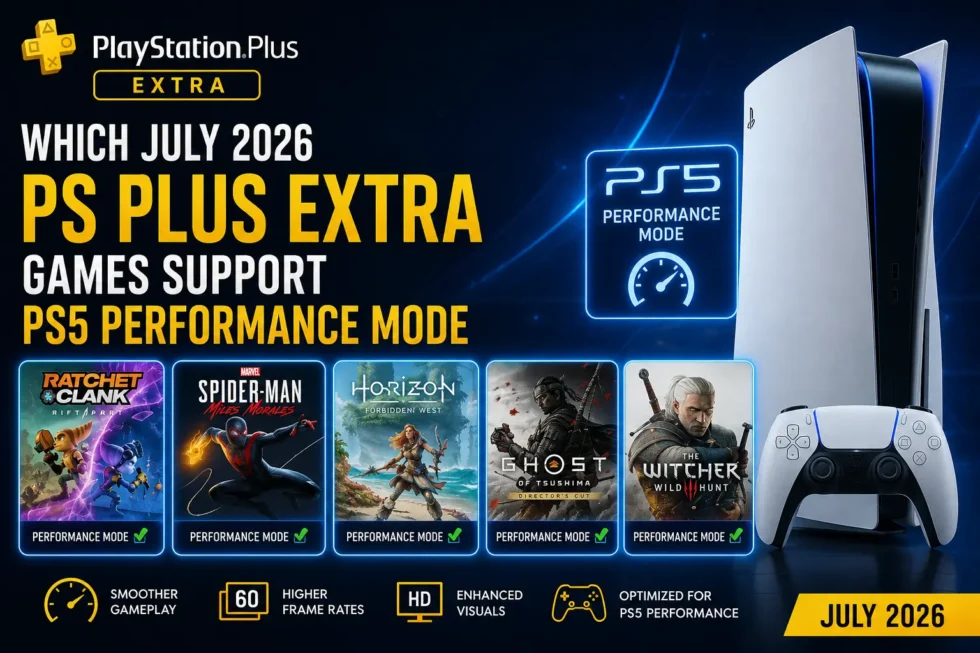 PS5 performance mode chart for July PS Plus Extra games: Rise of the Ronin, Avatar, and others with 60 FPS support and VRR recommendations.