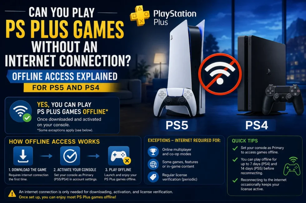 PS5 and PS4 offline play guide: enable Console Sharing/Offline Play on PS5 or activate Primary PS4 to play downloaded PS Plus games without internet.