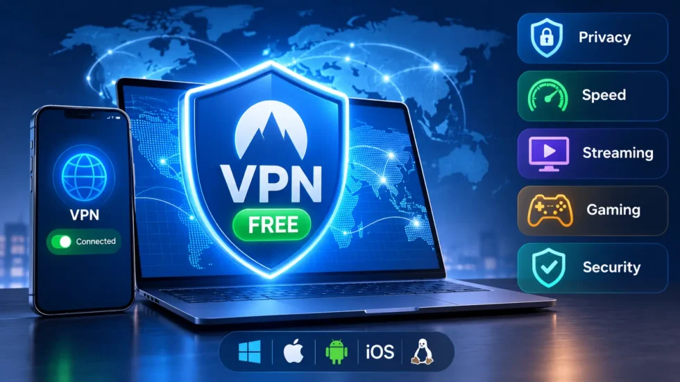 Free VPN comparison chart: Proton VPN, Windscribe, EdgeVPN features compared on privacy, speed, data limits, and security for streaming and gaming.