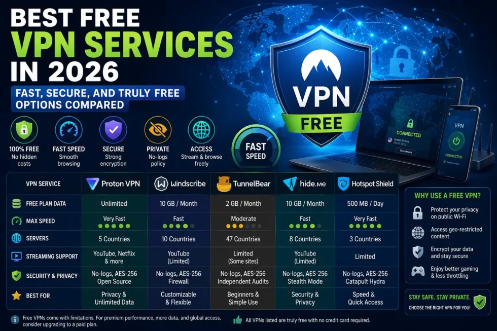 Free VPN comparison chart: Proton VPN, Windscribe, TunnelBear, PrivadoVPN features compared on privacy, speed, data limits, and security for 2026.