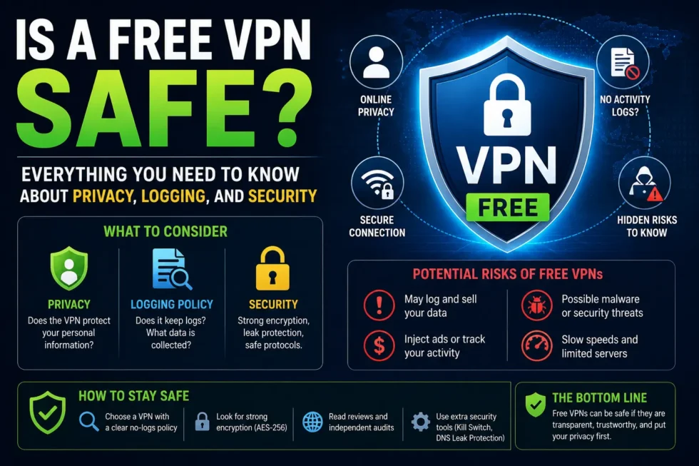 Free VPN safety guide: warning icons showing data harvesting, malware, permission abuse risks, and green checkmarks for audited no-logs providers.