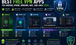 Free VPN cross-platform comparison chart: Proton VPN, Windscribe, TunnelBear, PrivadoVPN, hide.me logos and key features for Windows, Mac, Android, iOS and Linux.