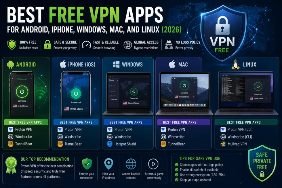 Free VPN cross-platform comparison chart: Proton VPN, Windscribe, TunnelBear, PrivadoVPN, hide.me logos and key features for Windows, Mac, Android, iOS and Linux.