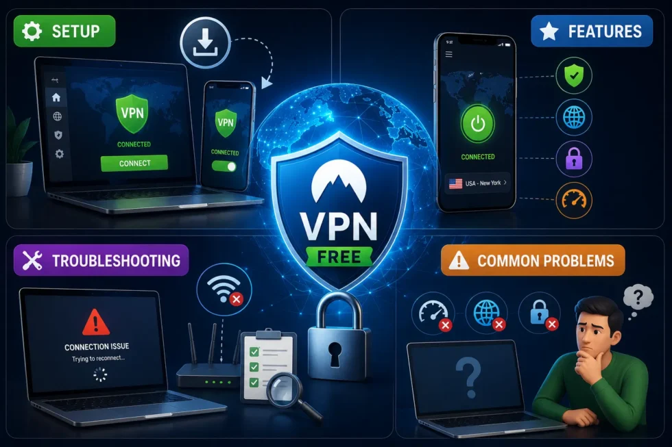 Free VPN setup guide showing connection steps, settings configuration, and troubleshooting tips for browser and mobile apps.