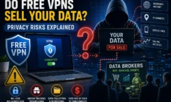 Free VPN privacy warning infographic: data harvesting, 88% data leak rate, 71% share with third parties, and Proton VPN as an exception.