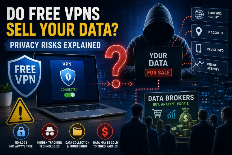 Free VPN privacy warning infographic: data harvesting, 88% data leak rate, 71% share with third parties, and Proton VPN as an exception.