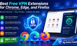 Free VPN extensions comparison: Proton VPN, Windscribe, TunnelBear, Browsec, and FreeVPN features compared across Chrome, Edge, and Firefox browsers.