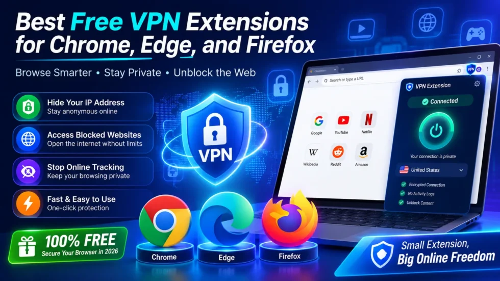 Free VPN extensions comparison: Proton VPN, Windscribe, TunnelBear, Browsec, and FreeVPN features compared across Chrome, Edge, and Firefox browsers.