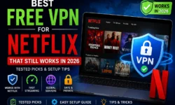 Netflix streaming interface with three free VPN options: Proton VPN, Windscribe, and hide.me, featuring streaming-unblocking capabilities and data limits comparison chart.