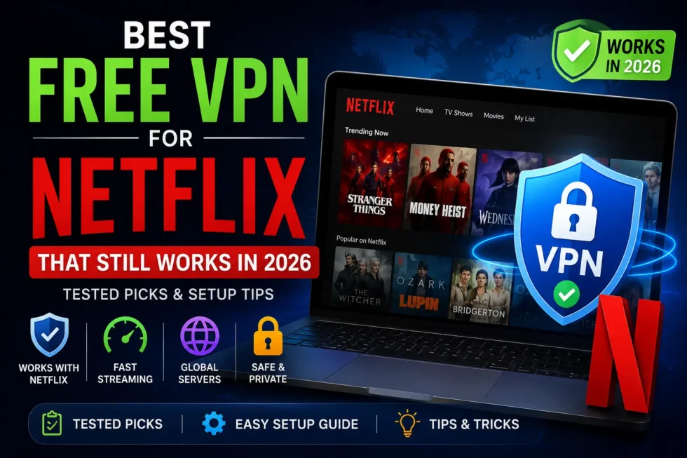 Netflix streaming interface with three free VPN options: Proton VPN, Windscribe, and hide.me, featuring streaming-unblocking capabilities and data limits comparison chart.