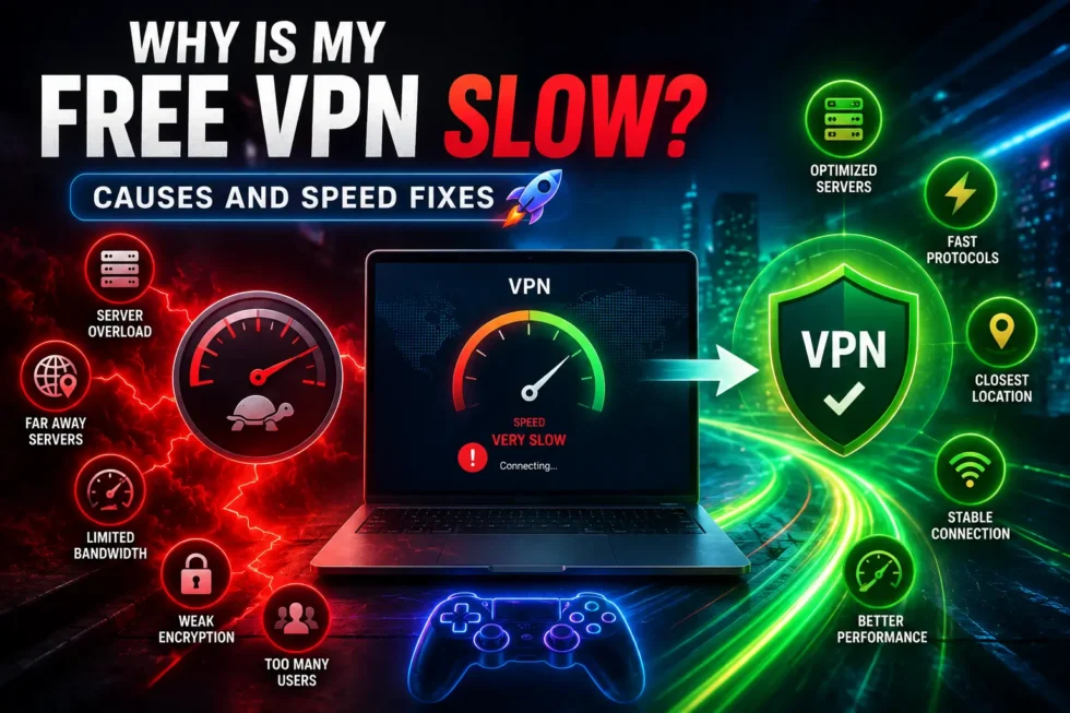 Free VPN speed troubleshooting guide: encryption overhead, server distance, overcrowded load, protocol selection, and split tunneling fixes for faster connections.