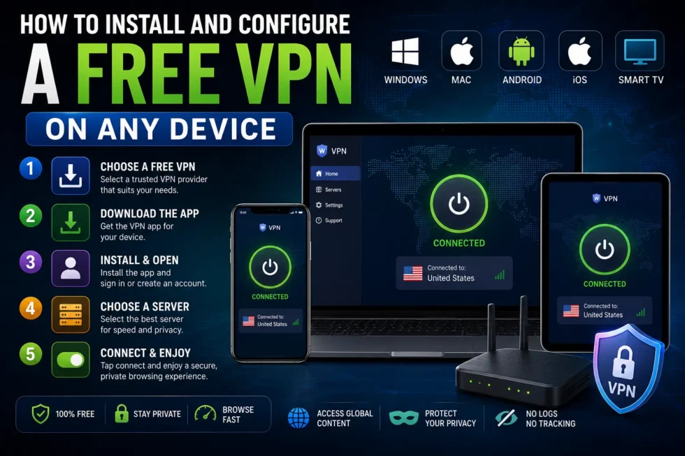 Step-by-step VPN setup guide: sign up, download app, select server, and connect across Windows, Mac, Android, iOS, and Linux.