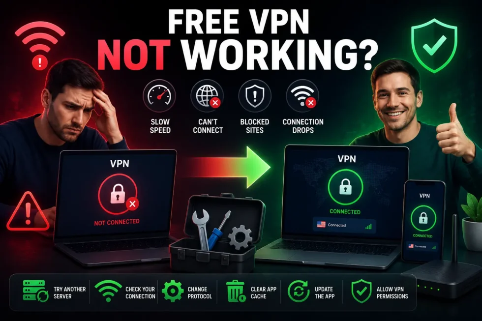 Troubleshooting guide: VPN error messages, server selection, protocol switching, kill switch, and firewall settings for common connection failures.