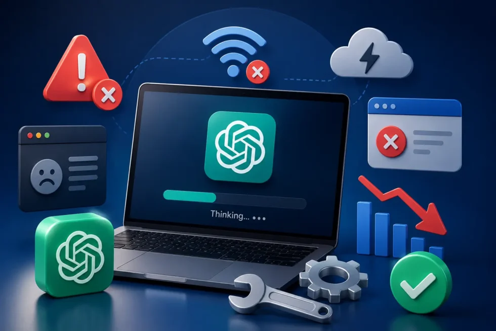 ChatGPT error troubleshooting guide: network errors, message stream issues, blank screen, slow responses, and suspicious activity warnings.