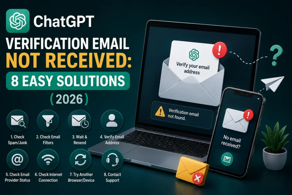 ChatGPT verification email troubleshooting guide: check spam folder, add noreply@openai.com to allowlist, try Gmail/Outlook, request new code, clear cache.