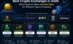 A comparative infographic titled "Best Crypto Exchanges in 2026," categorizing top platforms by investor type—beginner, day trader, institutional, long-term holder, and DeFi enthusiast—with ratings on fees, security, liquidity, and ease of use.