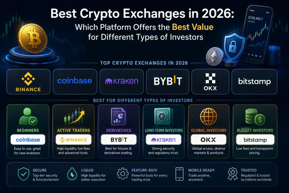 A comparative infographic titled "Best Crypto Exchanges in 2026," categorizing top platforms by investor type—beginner, day trader, institutional, long-term holder, and DeFi enthusiast—with ratings on fees, security, liquidity, and ease of use.