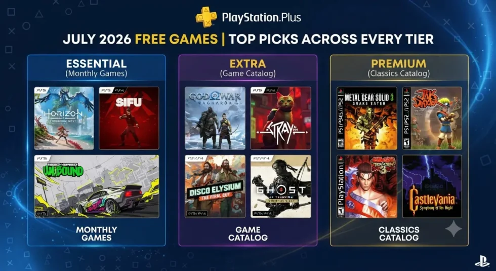 July 2026 PlayStation Plus best picks: Rise of the Ronin, Avatar, CrossCode highlighted across Essential, Extra, and Premium tiers.