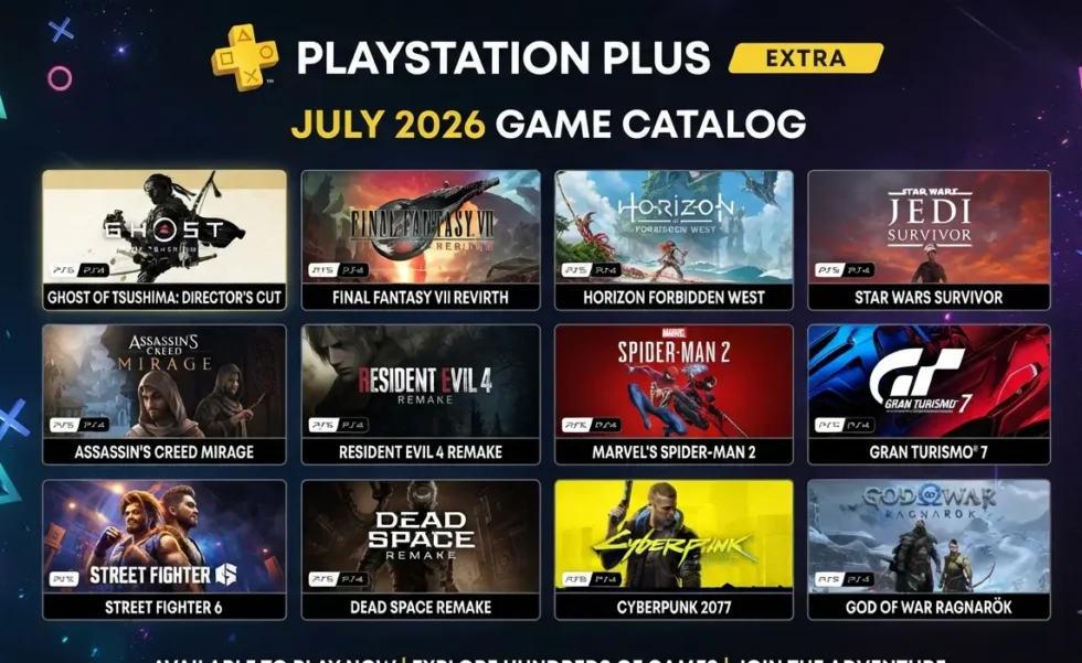 PlayStation Plus Extra July 2026 catalog: Rise of the Ronin, Avatar Frontiers of Pandora, Dying Light, and four more games with release dates.