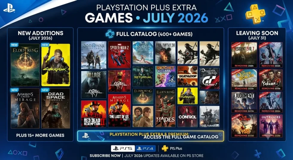 PlayStation Plus Extra July 2026 catalog update: removal list of 8 games including Risk of Rain 2 and Tropico 6, with removal date July 21.