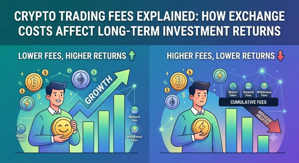 Iceberg infographic showing visible trading fees as the small tip above water, with massive hidden costs like slippage, spread, and withdrawal fees submerged below, impacting long-term investment returns.