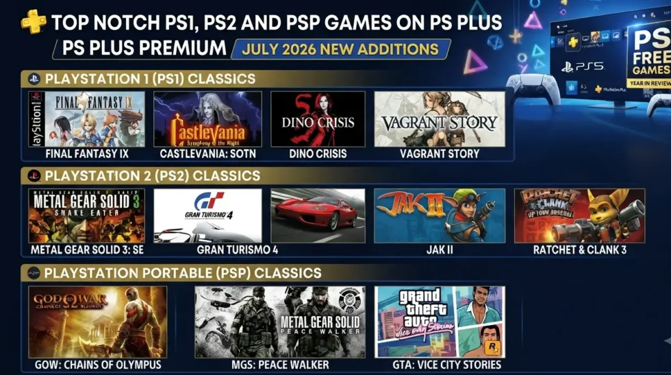 PS Plus Premium classics lineup: Psi-Ops, Indigo Prophecy, plus upcoming Gitaroo Man and Onimusha Dawn of Dreams PS2 game covers.