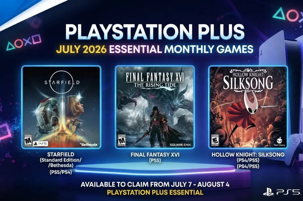 PlayStation Plus Essential July 2026 lineup: Call of Duty Modern Warfare III, For The King II, and CrossCode covers with PS5/PS4 badges.
