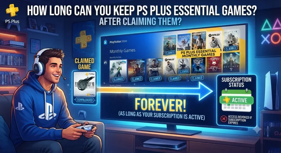 PS Plus Essential game retention explained: claim monthly, keep while subscribed, active membership required icon and calendar deadlines.