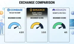 Three-panel infographic titled "EXCHANGE COMPARISON" showing beginner scores for Coinbase (4.5/5, "The Easy On-Ramp"), Binance (3.5/5, "Global Leader & Trading Tools"), and Kraken (4/5, "Security & Pro Tools") using color-coded gauge meters.