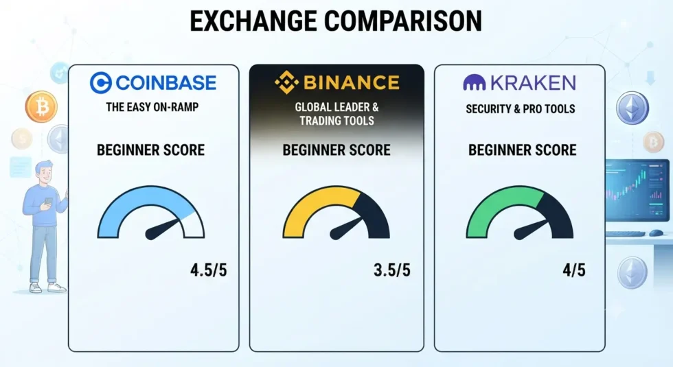 Three-panel infographic titled "EXCHANGE COMPARISON" showing beginner scores for Coinbase (4.5/5, "The Easy On-Ramp"), Binance (3.5/5, "Global Leader & Trading Tools"), and Kraken (4/5, "Security & Pro Tools") using color-coded gauge meters.
